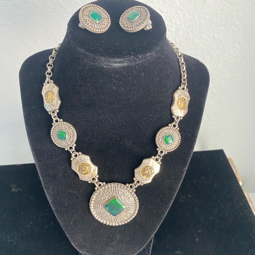 Chicos Brand Vintage Silver Metal Necklace and Clip On Shield Button Earring set